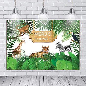 

Tiger Giraffe Zebra Monkey Safari Backdrop Jungle Birthday Party Backgrounds for Photo Studio Cartoon Vinyl 7x5FT