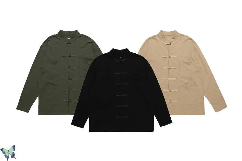 

KAPITAL Long Sleeve Shirt Smiley Face Cardigan Snap Button Solid Color Tang Suit Chinese Costumes Men Women Vintage Buttons
