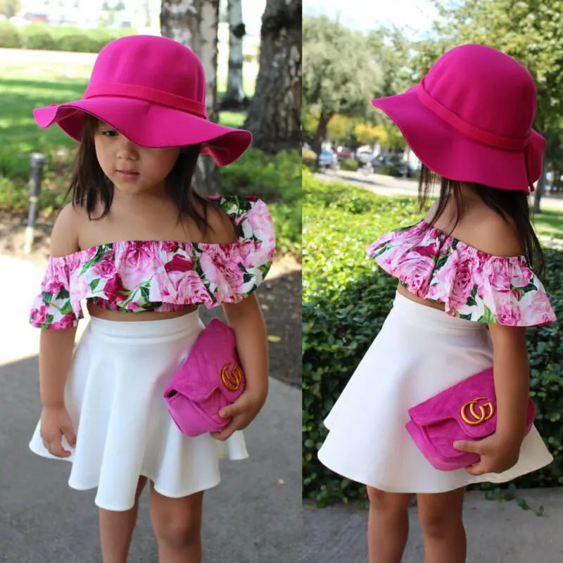 2PCS Newborn Toddler Baby Girl Summer Clothes Set Floarl Print Off Shoulder Tops+Solid Skirt Dress Outfits Set Fashionable 1-6T kids clothing set girls clothing set