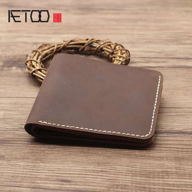 

AETOO Crazy horse leather hand-stitched retro cowhide wallet, cross-sectional men's wallet, hand leather short wallet