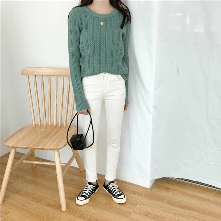 Knitted Sweater Woman Pullover Solid Color Candy Colors Basic Long Sleeves O-neck Jumpers