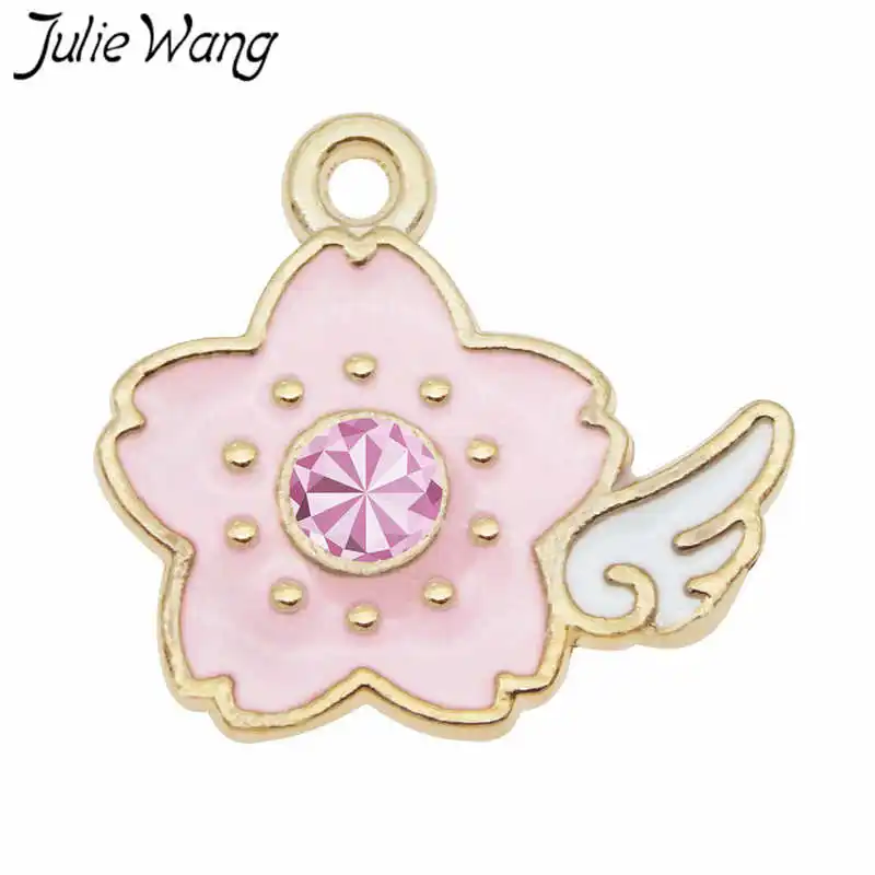 

Julie Wang 10pcs Enamel Pink Flowers Wing Charms With Rhinestone Gold Tone Pendant Necklace Bracelet Jewelry Making Accessory
