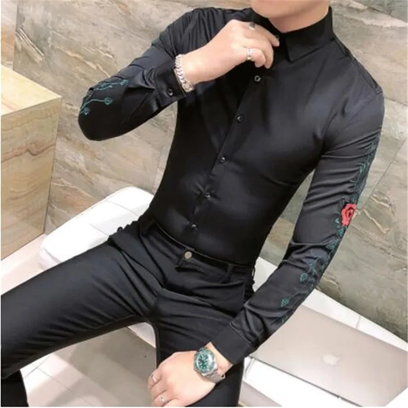 Рубашка с цветочной вышивкой, рубашка Camisa hombre, одежда для мужчин, Клубные вечерние свадебные рубашки, Мужская сорочка Homme Camisa Masculina, мужская рубашка с длинными рукавами