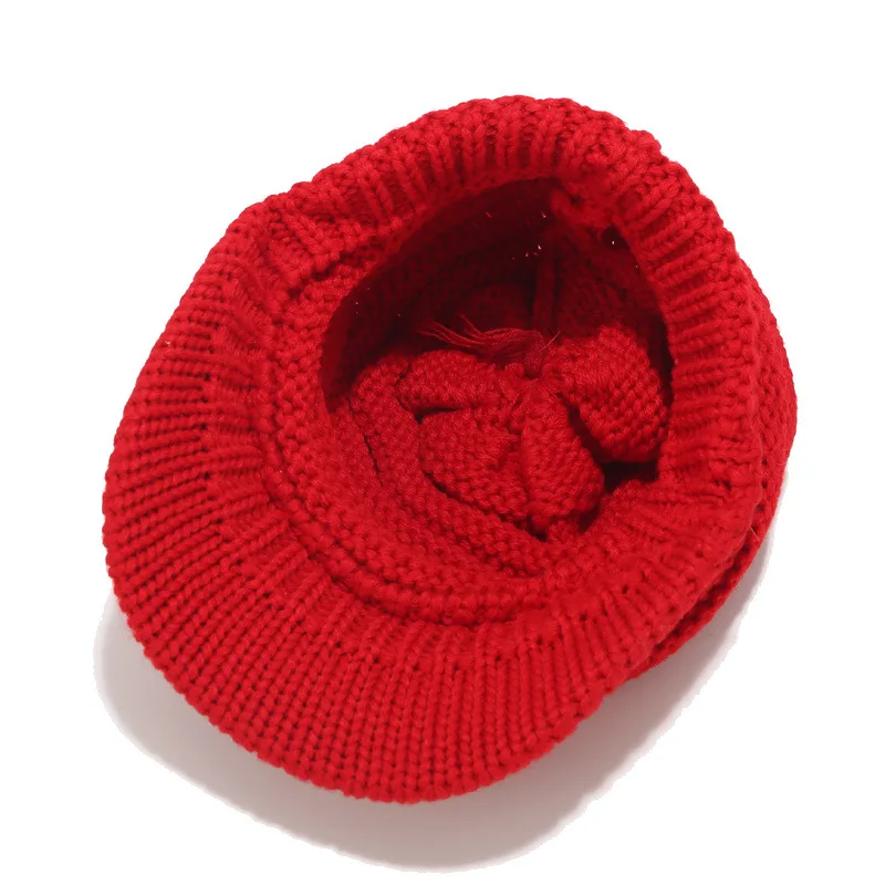 Stretchy Knitted Newsboy Cap Women Winter Hats with Visor Patch Flower White Red Grey Black