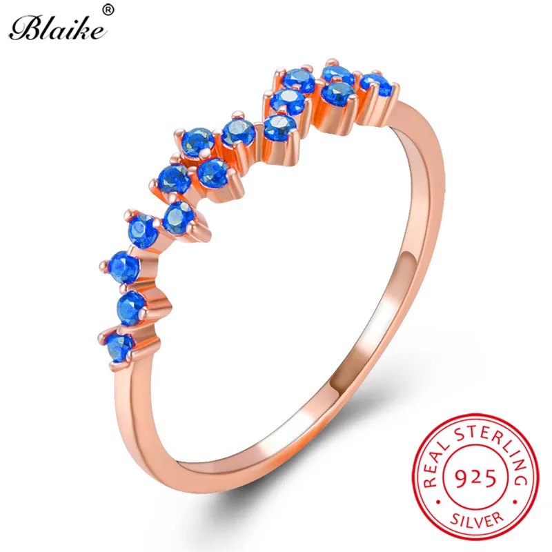 Rose Gold Blue Минималистичное 925 пробы Серебряное кольцо для женщин тонкое кольцо изящное Маленькое Черное Красное циркониевое обручальное кольцо ювелирное изделие - Цвет камня: Rose Gold Blue