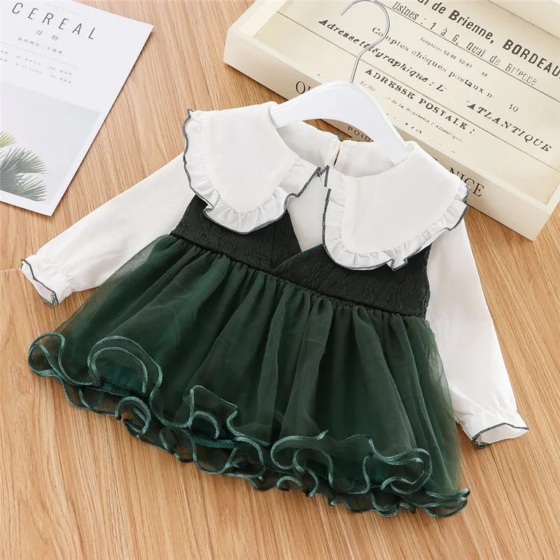 

pudcoco Girls Party Autumn Dress 2PCS Newborn Infant Long sleeve Peter Pan Collar Tops+Ruched Tulle Princess Sundress Babe 0-3Y