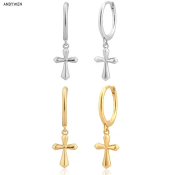 

ANDYWEN 925 Sterling Silver Gold Cross Pendiente Piercing Ohrringe Drop Earring 2020 Rock Punk Jewelry Luxury Fashion Fine Jewel