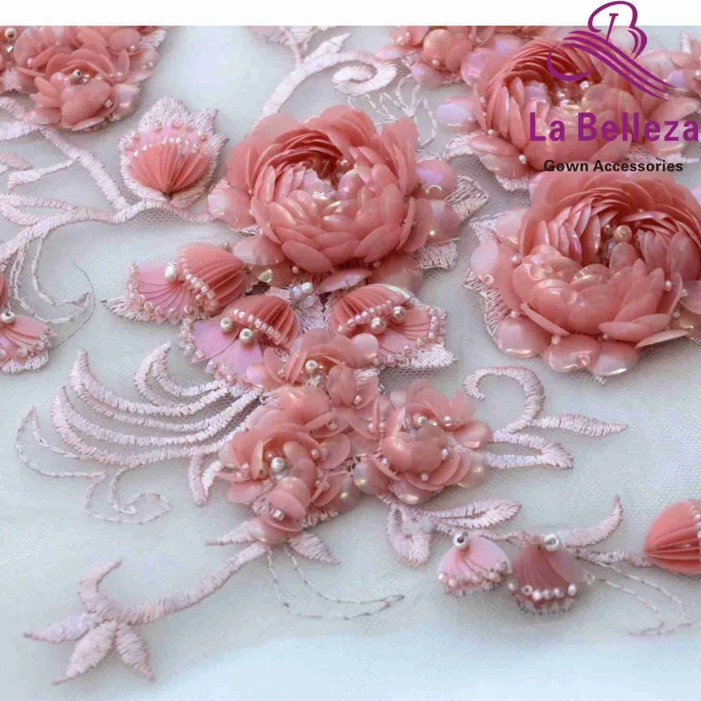 Ivory/pink/yellow flower large pattern with beads applique patch ployester embroidery patch wedding dress Accessories