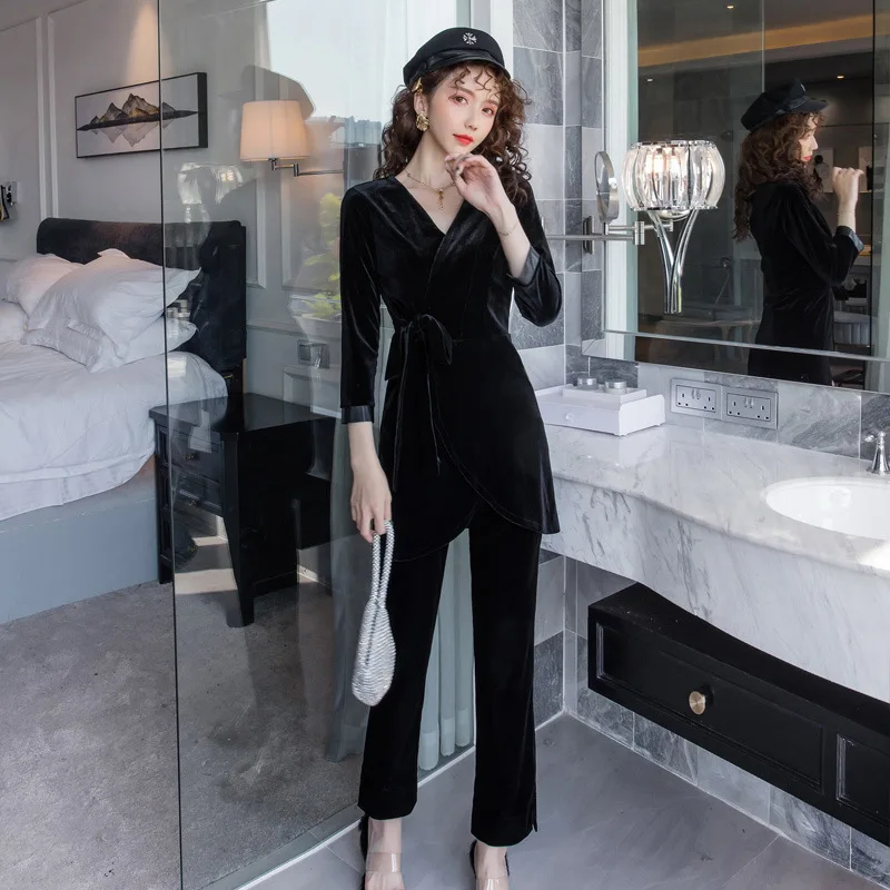 

2019 Autumn New Style WOMEN'S Dress Gold Velvet Piece Debutante Elegant Tops Loose Pants Fashion WOMEN'S Suit Western Style