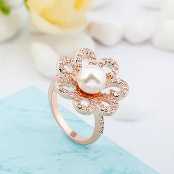 

Flower -Shape 14K Gold Rings Zircon Diamond Pearl Ring for Women Wedding Engagement Anniversary Jewelry Girlfriend Birthday Gift