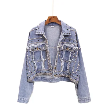 

2019 New Fashional Modren Hand-made Beading Rivet Jean jacket For Women Korean Style Spring Jacket Ins