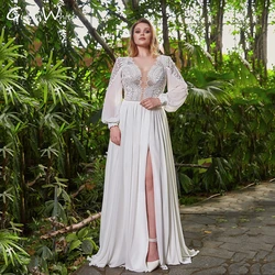 Plus Size Boho A Line Wedding Dress Sexy Slit Bride Dresses Chiffon Lantern Sleeve Beach Style Bridal Gowns Vestidos De Novia