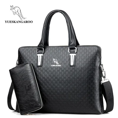 Black Set YUESKANGAROO классические кожаные мужские сумки, деловые сумки на плечо, портфели для ноутбука, повседневные сумки через плечо, мужская сумка-мессенджер - Цвет: Black Set