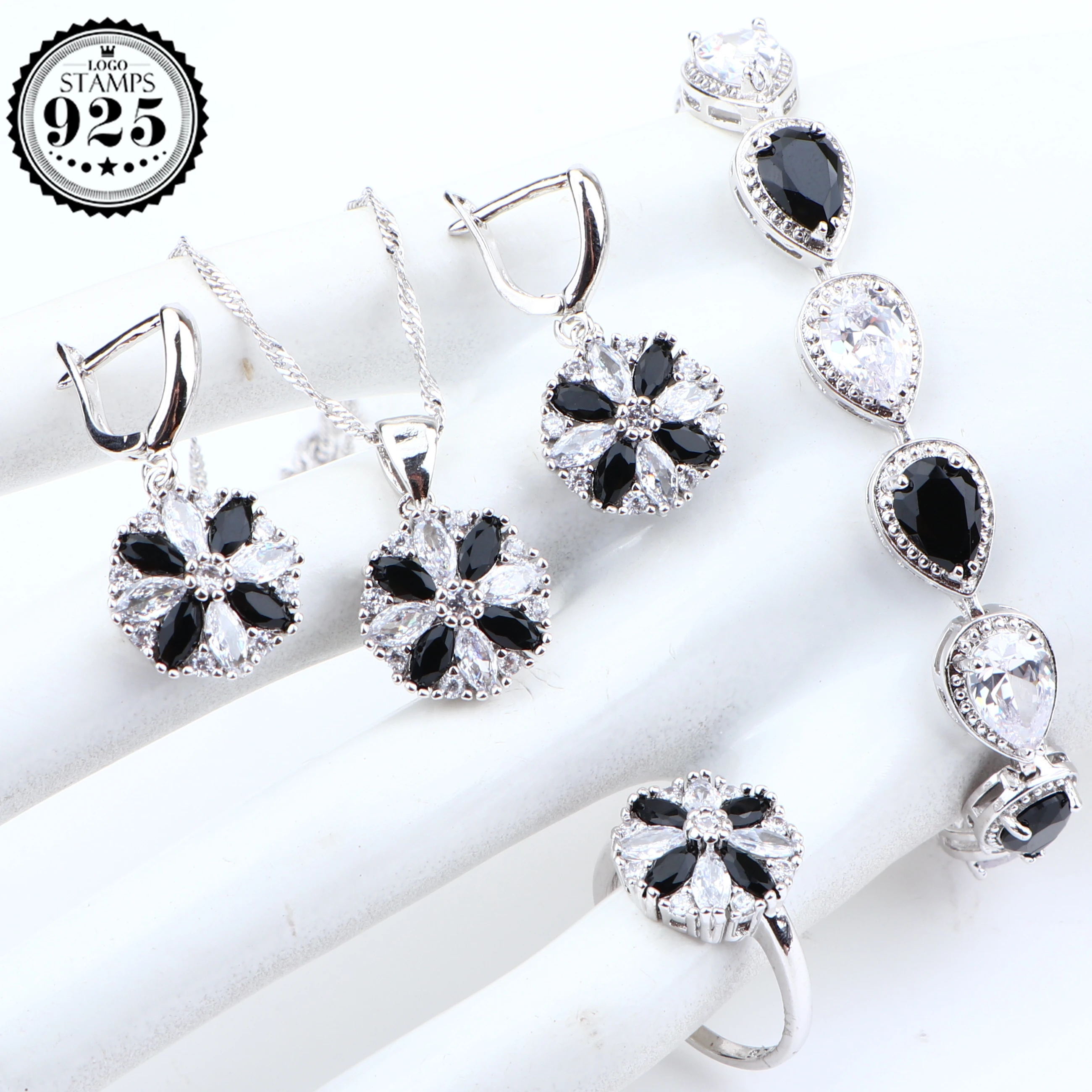 

Women Bridal Silver 925 Jewelry Sets Wedding Cubic Zirconia Necklace Pendant Earrings With Stone Bracelet Ring Set Gift Box