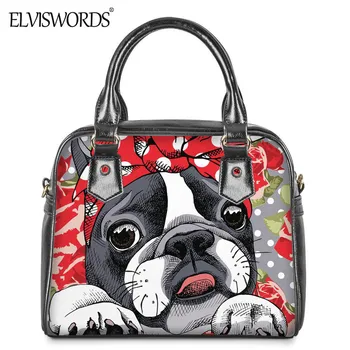 

ELVISWORDS Floral Boston Terrier Print Women Luxury Handbags Cute Bulldog PU Leather Tote Bag 2020 Brand Design Shoulder Bags