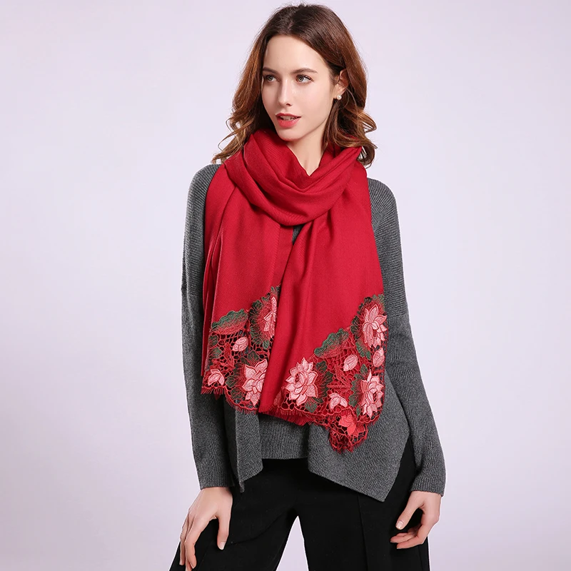 Women Wool Scarf New Red Warm Shawl Wraps Flower Pashmina Bride Bridesmaid Shawl Winter Warm Embroidery Wool Scarves