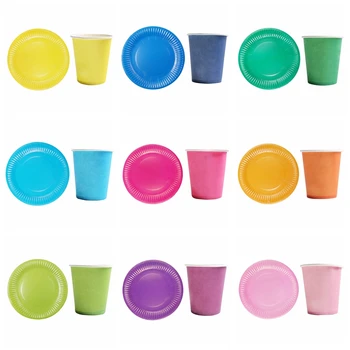 

20pcs/lot Pink Blue Yellow Red Green Color Disposable Tableware Sets Paper Plate Cup Wedding Birthday Baby Shower Party Supplies