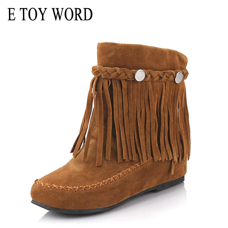 

E TOY WORD Women Shoes Plus size 41 42 43 flat Heel round toe ankle boots Slip-on women boots comfortable autumn fringed boots