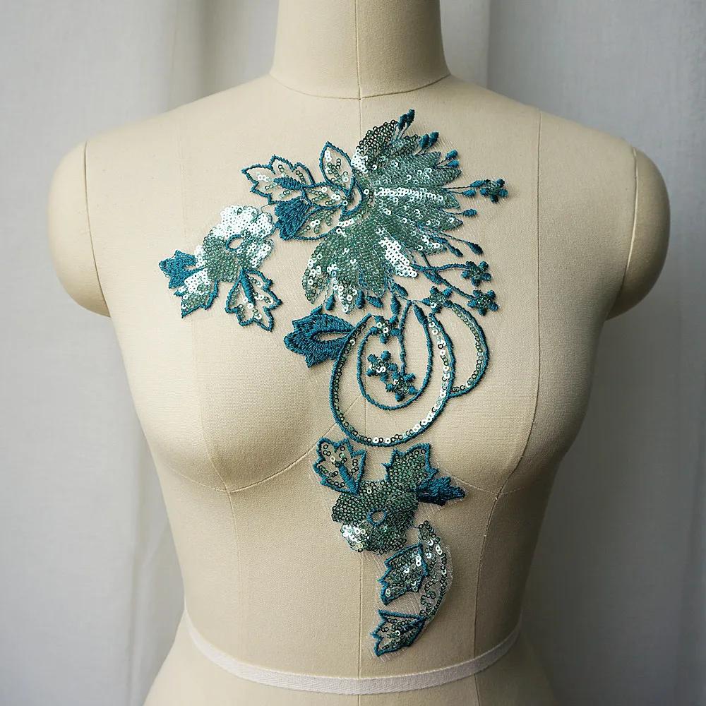 Кружевная аппликация с зелеными блестками для вышивания нашивка на воротник