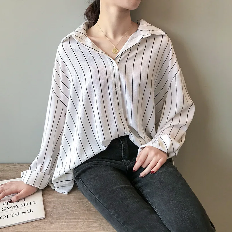 Новая Корейская версия свободного темперамента pinstripes ленивая рубашка в полоску Джокер Повседневная Женская куртка Женские топы