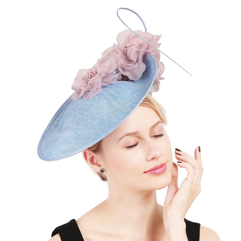 Роскошная женская серая миллинери вуалетки с причудливыми цветами шляпа аксессуары дамы большой Дерби головные уборы повязки на голову Мода fedora