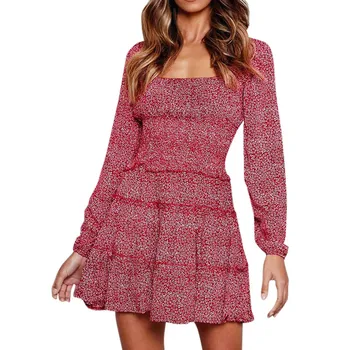 

KLV 2019 women dress платье dress Women's Winter Fashion Word Collar Sweet Ruffled Printed Slim Dress free shipping D4
