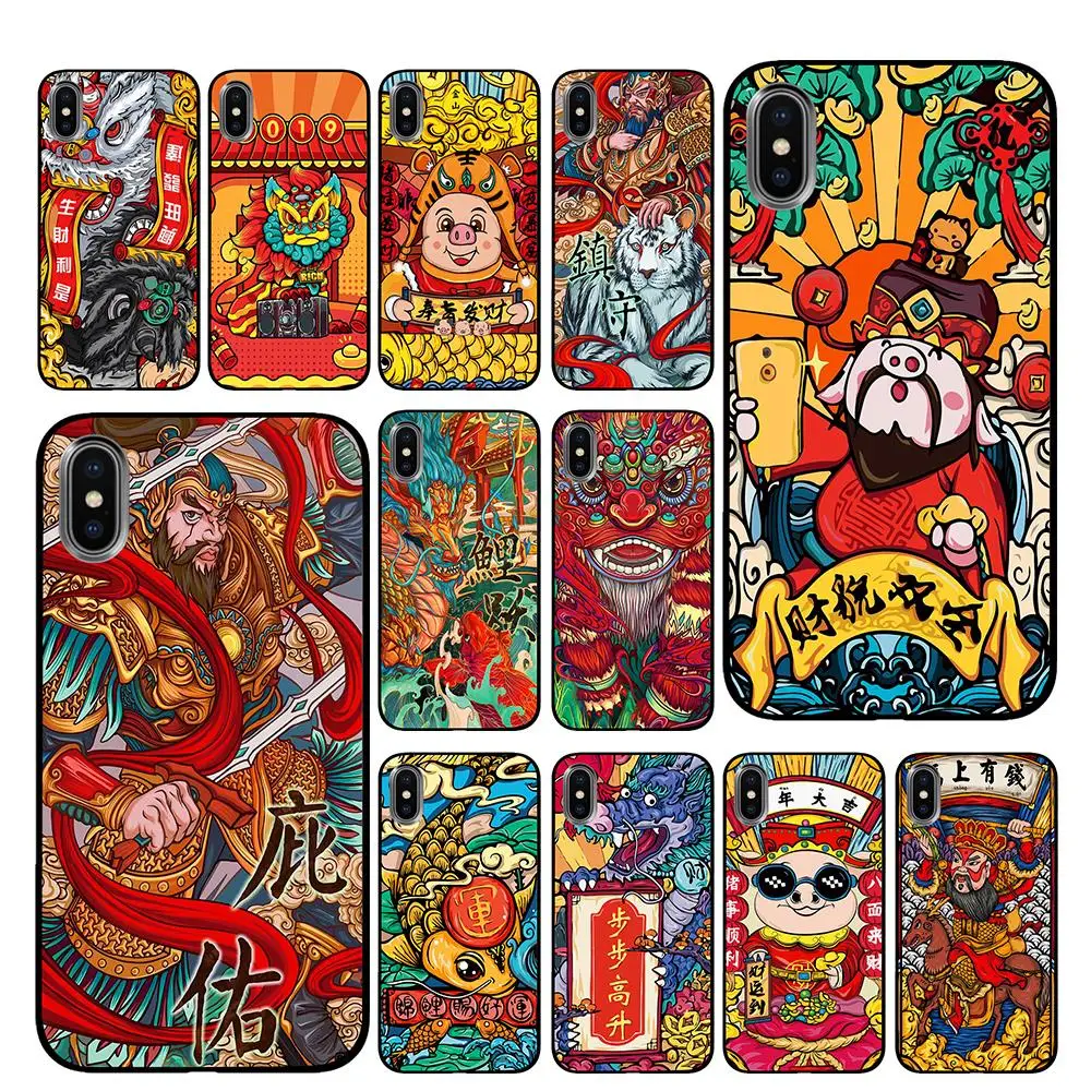 Chinese New Year Paintings Black TPU Case cover For iPhone 5 5S 6 6s 7 8 Plus X XS XR 11 Pro Max | Мобильные телефоны и