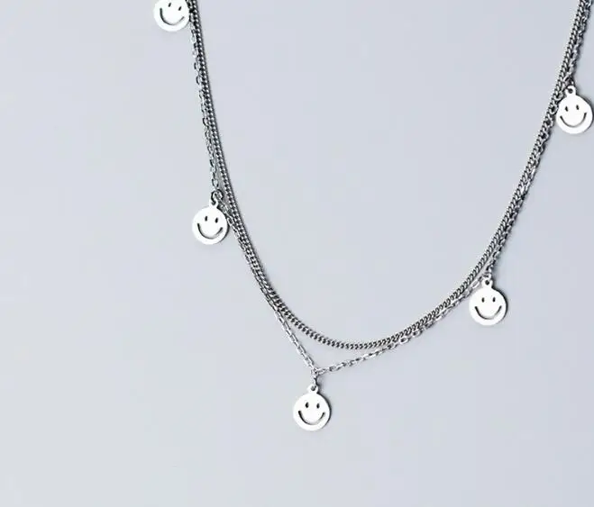 

100% real Sterling Silver 925 Fine Jewelry Double Rows /Layers Emoji Coin Round Pendant Station Necklace GTLX1988
