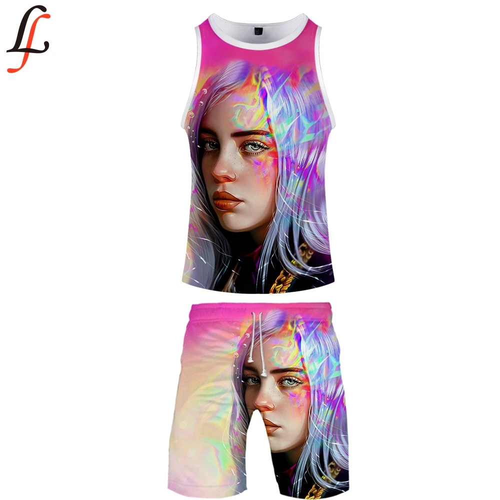 Лето, мужской повседневный пляжный жилет Billie Eilish без рукавов, шорты, спортивный костюм+ штаны, Быстросохнущий Спортивный костюм, мужские спортивные костюмы