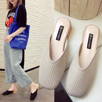 

Square Toe Shoes Slippers Casual Slides Loafers Slipers Women Med Cover Luxury 2020 Cotton Fabric PU Rubber Hoof Heels Rome
