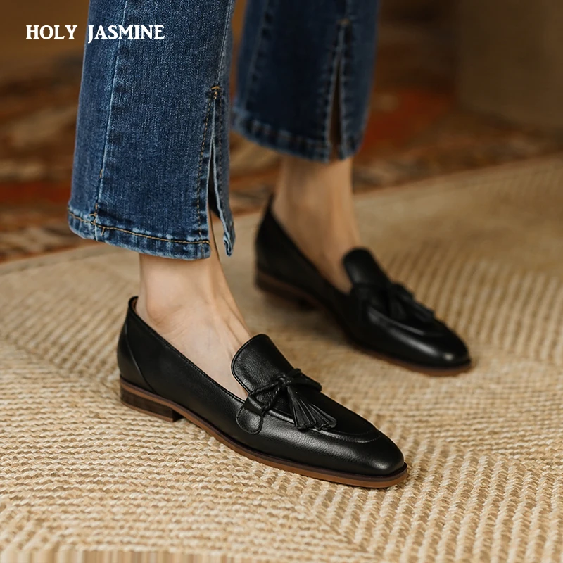 Zapatos negros de genuino para mujer, mocasines con borlas colgantes, sin informales, para Primavera, - AliExpress Calzado