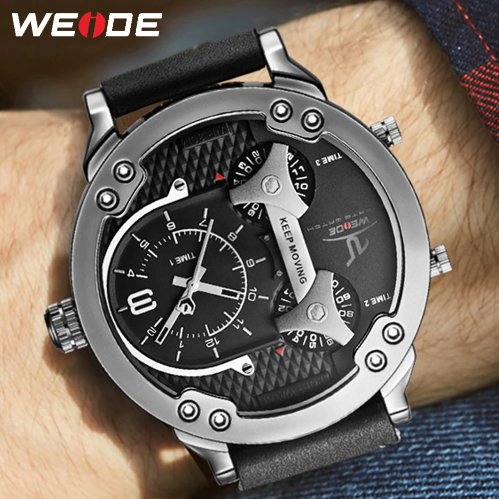 WEIDE Близнецы Три Часовых пояса 30 М Водонепроницаемость Аналоговые Часы Кожаный