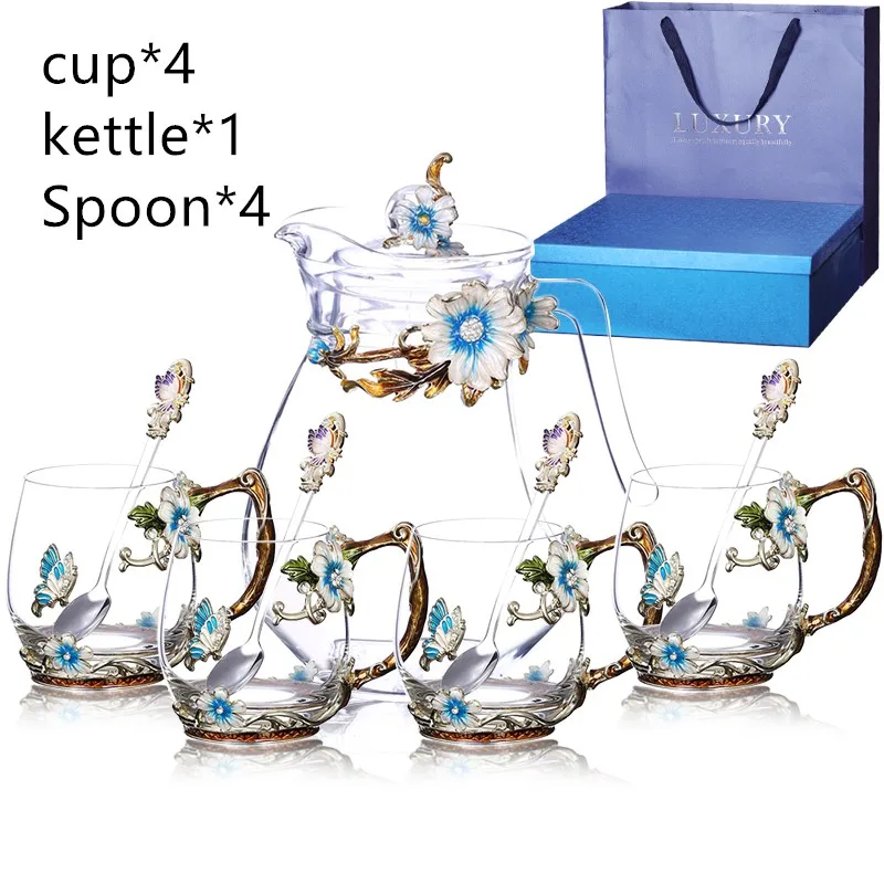 With gift box Высококачественная эмалированная чашка для воды, чайник, набор креативных цветочных чайных чашек, женский маленький свежий стеклянный практичный подарок - Цвет: With gift box