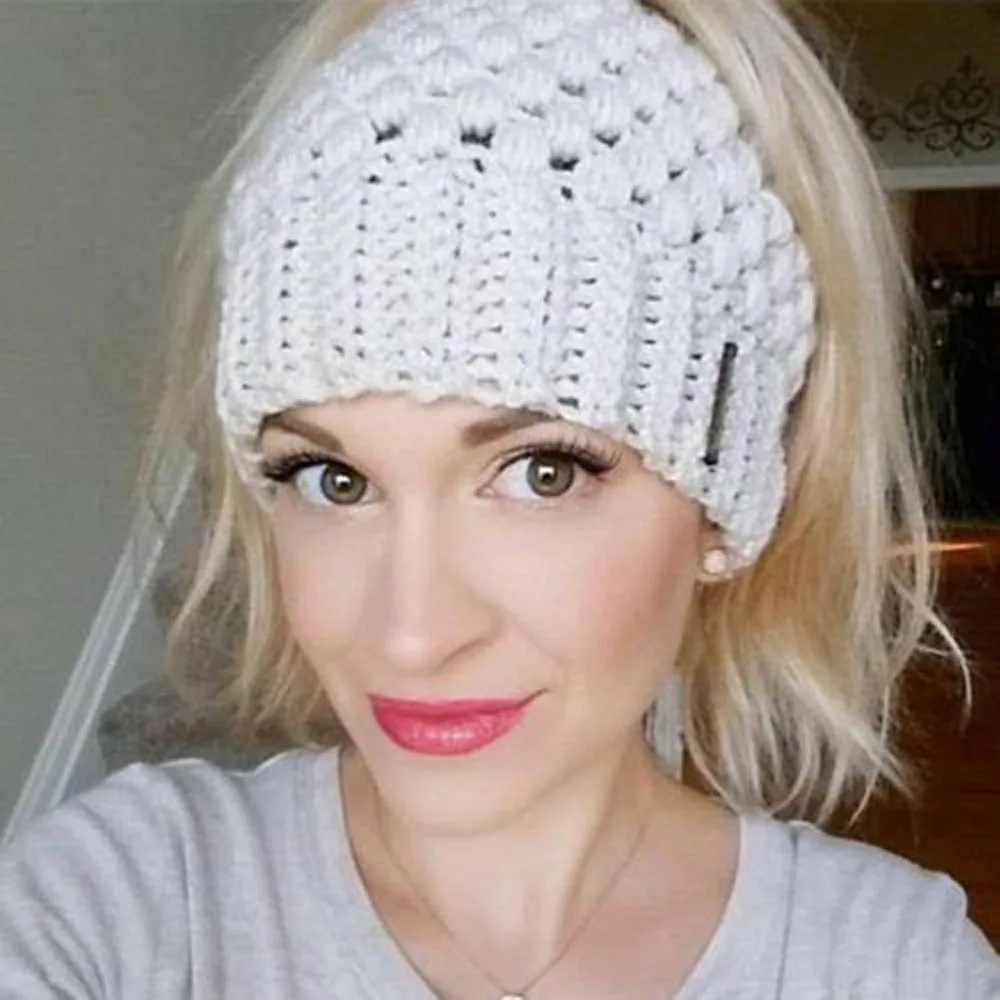 Gestrickte Beanie Mütze Mit Pferdeschwanzöffnung Für Damen_voghion.com