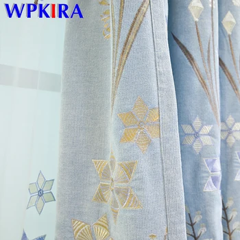 

Diamond Embroidered Chenille Light Blue Shade Curtains for Kids Bedroom Window Rideau Lace Tulle Curtain for Living Room WP426D3
