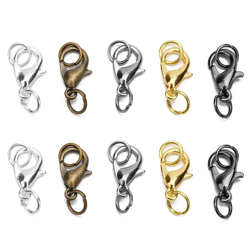 50pcs 10 12 14mm Metal Lobster Clasps Hooks With Jump Rings Gold Color End Clasps Connectors Necklace Findings Jewelry Making
