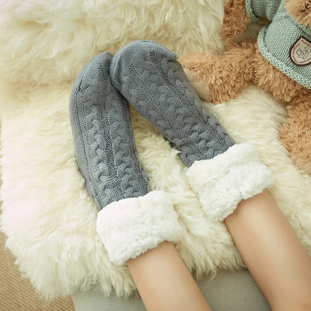 Mi store/Женские уютные однотонные носки; зимние теплые носки для сна; домашние Пушистые Носки-тапочки; пушистые теплые носки на флисовой подкладке; Рождественский подарок