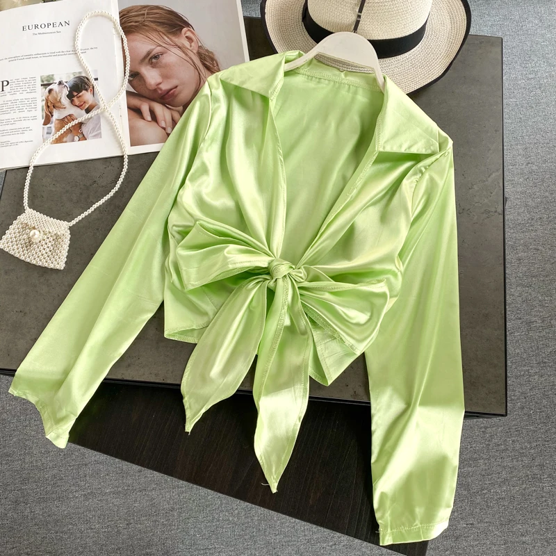 

Ins Lady's Shirt Satin Sexy Deep V-neck Knotted Strap Waist Hugging Short Shirt Fashion Ladies Tops Blouse Woman Blusas Mujer