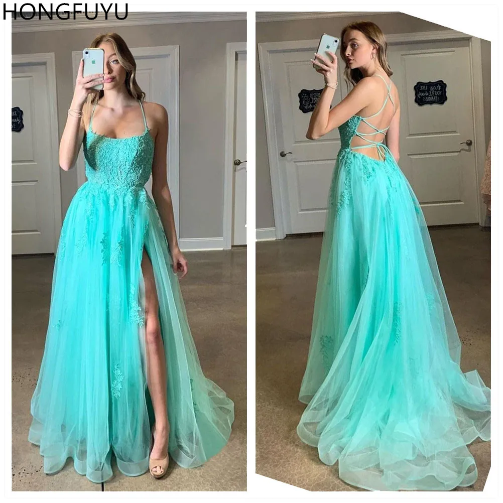 HONGFUYU A-Line тюль платья для выпускного вечера vestidos de fiesta largos elegantes de gala вечернее платье с кружевной аппликацией платья длинный корсет сзади