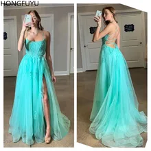 HONGFUYU A-Line тюль платья для выпускного вечера vestidos de fiesta largos elegantes de gala вечернее платье с кружевной аппликацией платья длинный корсет сзади