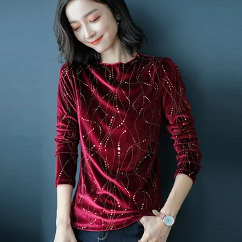 

Winter Fall Woman Printed Polka Dot Green Wine Red Black Velour T Shirt Top , Thick Warm Fleece Velvet Tops Shirts for Women