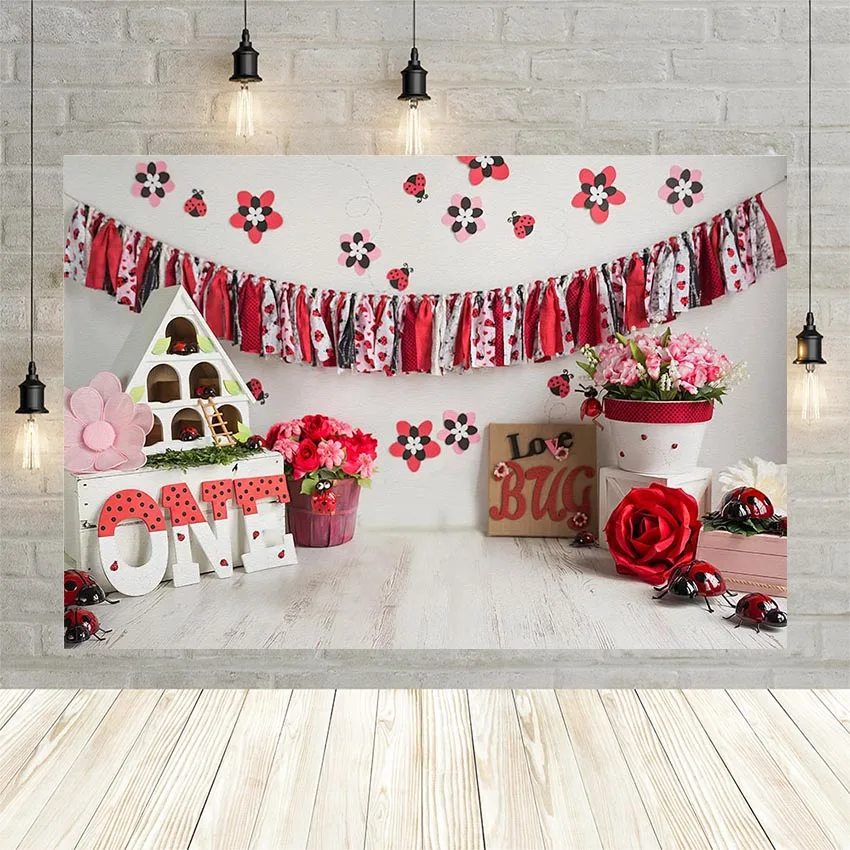 

Mehofond Ladybug 1st Birthday Background Red Love Flower Wood Floor Baby Portrait Party Photography Backdrops Photo Studio Shoot