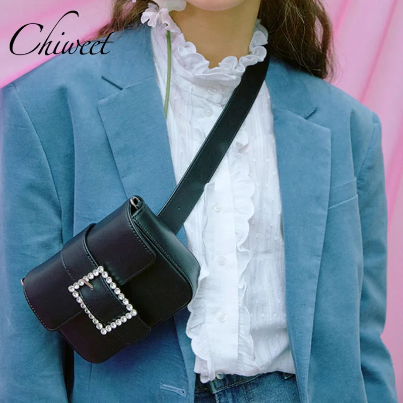 

Chic Luxury Rhinestone Button Chest Bag Brand Female Leather Belt Waist Pack Designer Small Messenger Bag Vintage Women Handbags