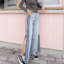 Loose Pants Women's Fashion High Waist Embroidery Straight-Leg Trouser Open Fork Jeans Large Size Jean Ladies Casual Jeans Pants Jeans Loose Pants Women's Fashion High Waist Embroidery Straight-Leg Trouser Open Fork Jeans Large Size Jean Ladies Casual Jeans Pants Jeans
