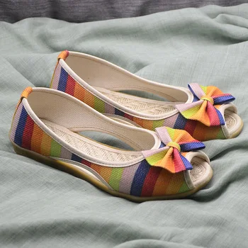 

Peep Toe Sandals Women Casual Ladies Rainbow Color Female Bowties Women's Flats Woman Comfortable Footwear Slip On Shoes 2020