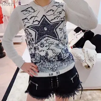 

2020 Women Spring Runway Vintage Pentagram Letter Embroidery Sweater Wool Cashmere Pullover Knit Creamy-White Sweater Top Sale