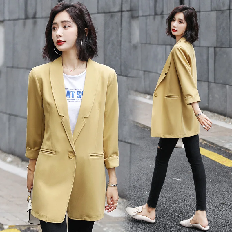 

2019 Autumn New Style WOMEN'S Dress Korean-style Solid Color Simple Fashion Career Ol Elegant Mid-length Leisure Suit Coat