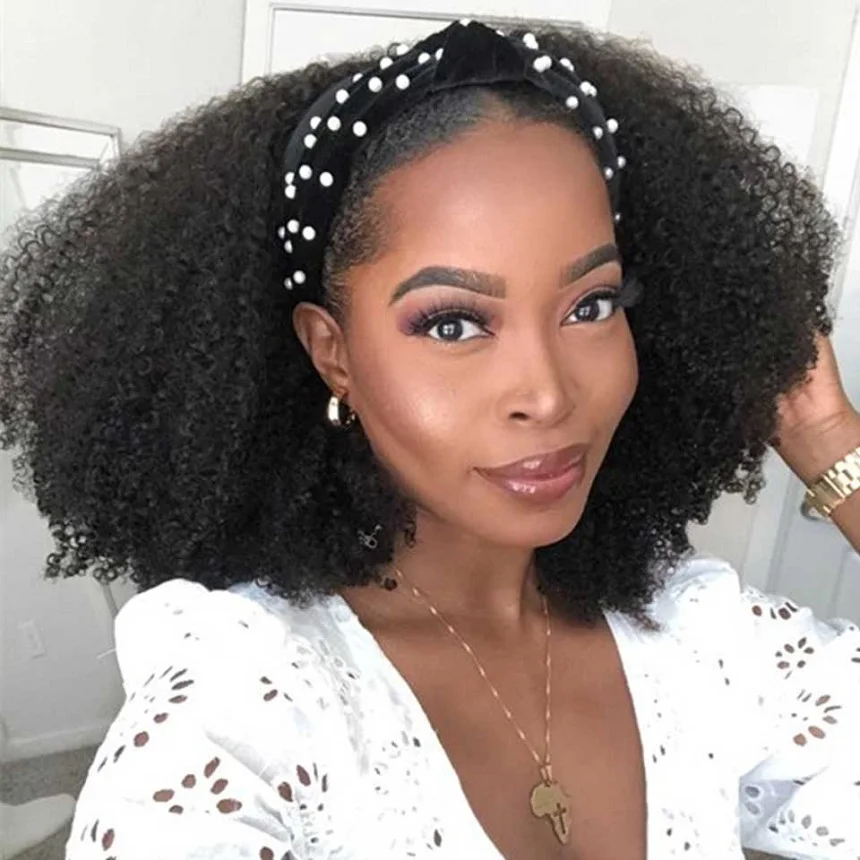 

Kinky Curly Headband Wig Brazilian None Lace Human Hair Wig For Black Women Machine Made Wig KING BRILLIANT