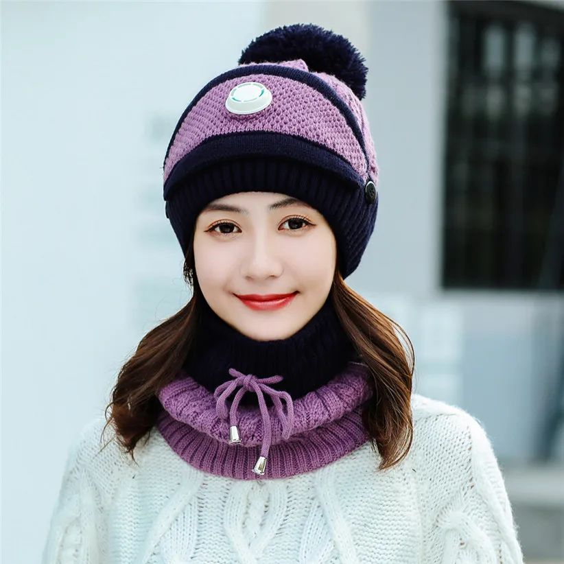 Winter Knit Set Women Girls Patchwork Ball Hat Skullies Beanies Lace-up Scarf O Ring Face Mask Woman Ski Cap 9108