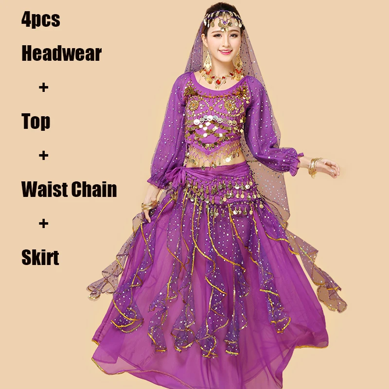Purple 4pcs Новые костюмы для танца живота Болливуд одежда для выступлений шоу костюм сценическая Юбка для занятий Танцем Живота женское платье танец живота BL2376 - Цвет: Purple 4pcs